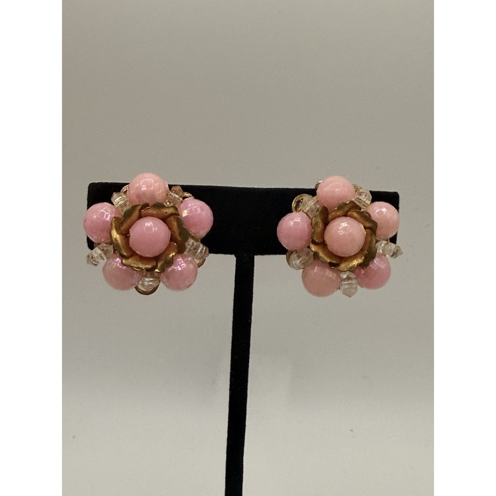 Vintage Clip‎ On Earrings Pink Beaded Clear Rhinestone Gold Tone